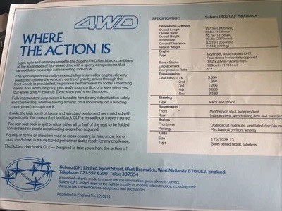 Subaru 1800 GLF Range Original Car Sales Info Brochure Sheet - Picture 2 of 2