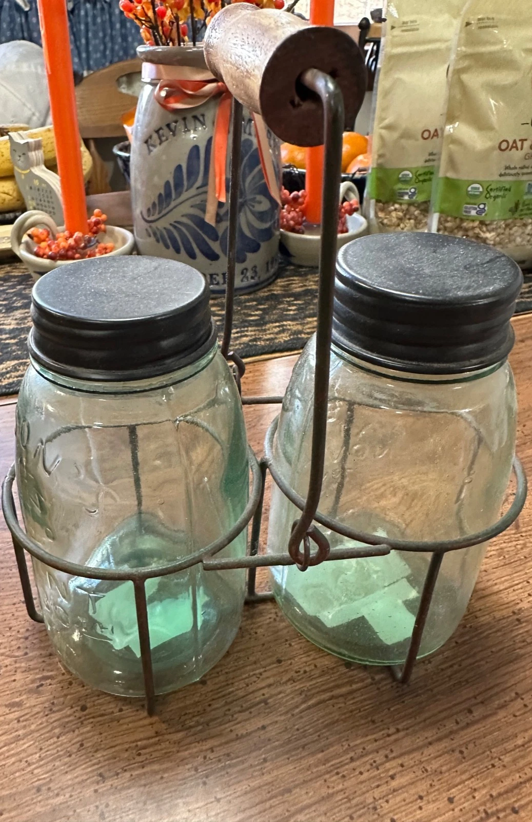 Mason Jars Green Glass Black Lids (5 3/4") a Wire Tote With Wood Handle - NEW!!!