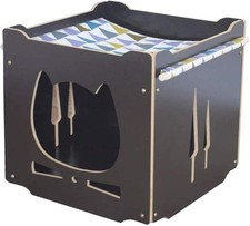 Wooden Cat House Rabbit Hideout with Hammock Stackable Collapsible Cat House