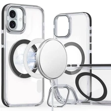 For iPhone 16 6.1inch Case Magnetic Circle Camera Lens Stand + Tempered Glass