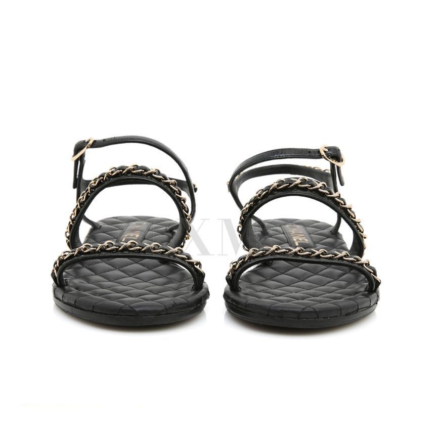 CHANEL Chain Quilted Sandals Black Strap Slippers G36934