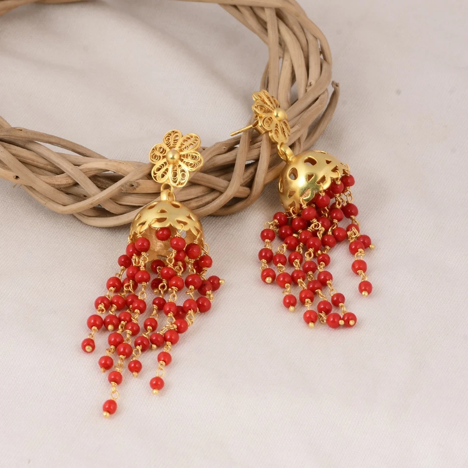 Long Chandelier Red Coral Earring Bead Gemstone 925 Silver Wedding Jhumka Jhumki - Image 4 of 4