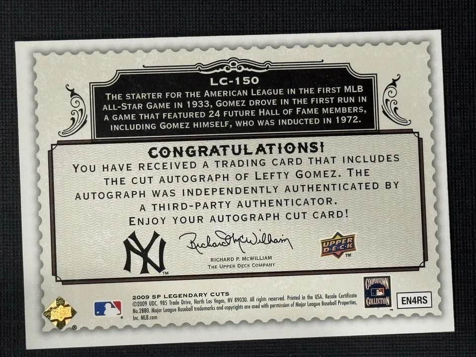2009 Upper Deck SP Legendary Cuts Lefty Gomez Auto 2/10 HOF Yankees - Image 2 of 2