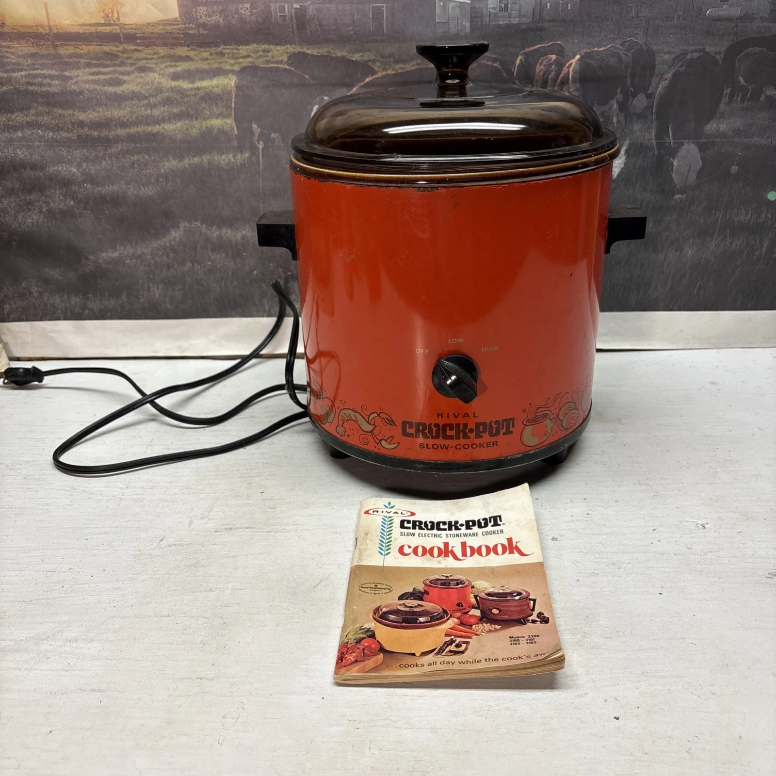 Vintage Rival Crock Pot Flame Orange 3100 Slow Electric Stoneware Cooker WORKS