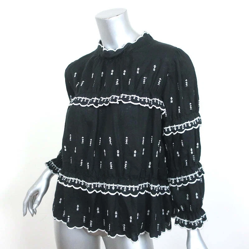 Isabel Marant Etoile Ruffle Blouse Daniela Black Embroidered Linen Size 38 - Image 2 of 4