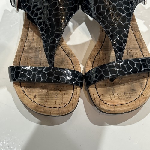 Donald J Pliner Doli Leather Buckle Cork Wedge Sandals Shoes Black Patent 7 - Picture 3 of 11