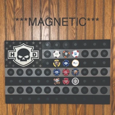 Poker Chip American Flag  Black/Gray Magnetic Display Fits 65 Harley-Davidson - Image 1 of 4