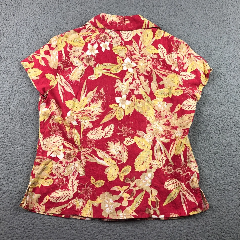 Emma James Womens Linen Blend Top Sz 10 Red Floral Ruffle Button-Up Cap Sleeve - Image 3 of 4