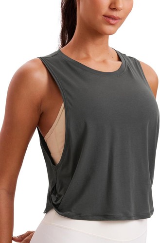 Pima Cotton Cropped Workout Tank Tops for Women - Sleeveless Sports Gym Shirts - Picture 8 of 66