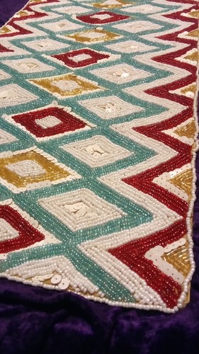 36" x 13" Beaded Sequin Kilim Rug Style Table Runner Blue Red Gold & White - Picture 6 of 11