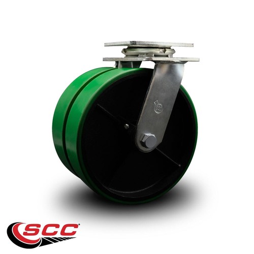 8 Inch Dual Green Poly on Cast Iron Wheels Swivel Caster with Roller Bearing SCC - Picture 2 of 3