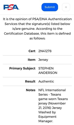Stephen Anderson Houston Texans NFL Game Used Jersey 11/21/16 vs Oakland Raiders - Picture 9 of 9
