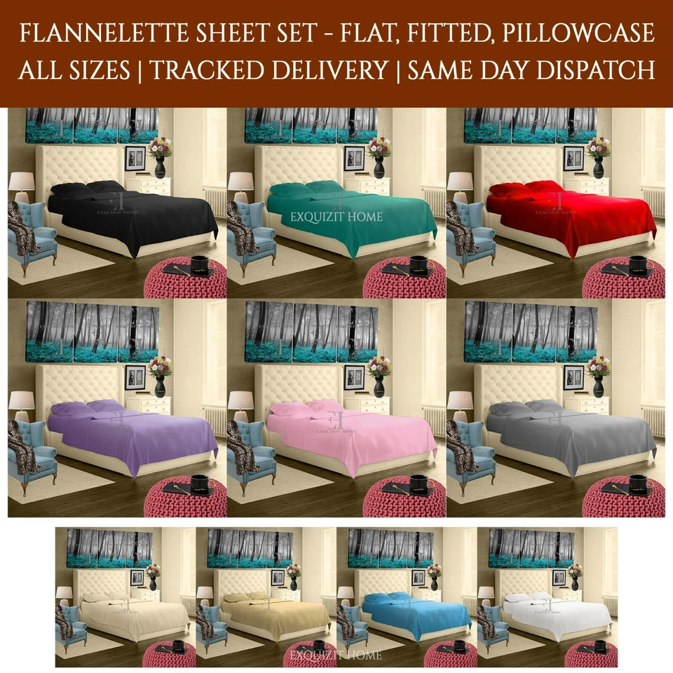 EXQUIZIT HOME New Flannelette Fitted + Flat Sheet Set with Pillow Case 100% Brushed Cotton