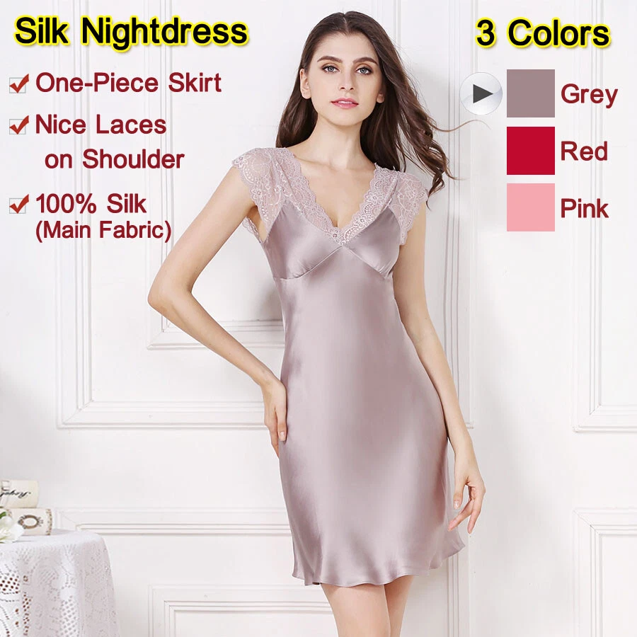 Women s Silk Pajamas 1 Piece Nightdress Nightskirt Shoulder Laces 100 Silk