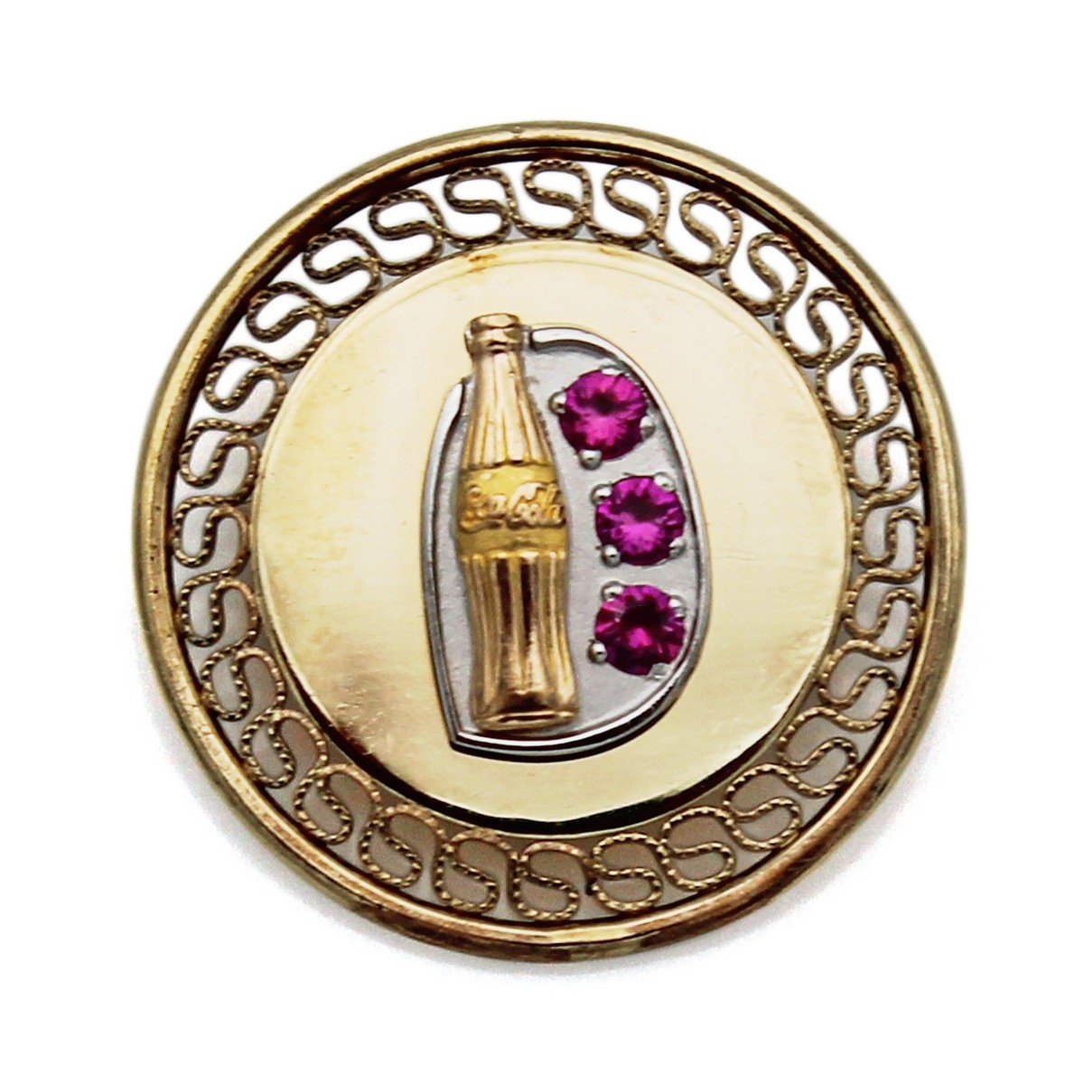 Vintage 10K Gold Ruby Coca Cola Coke Bottle on 12K GF Round Badge 