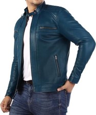 Men's Real Lambskin Premium Leather Blue New Quilted Motorcycle Fashion Jacket