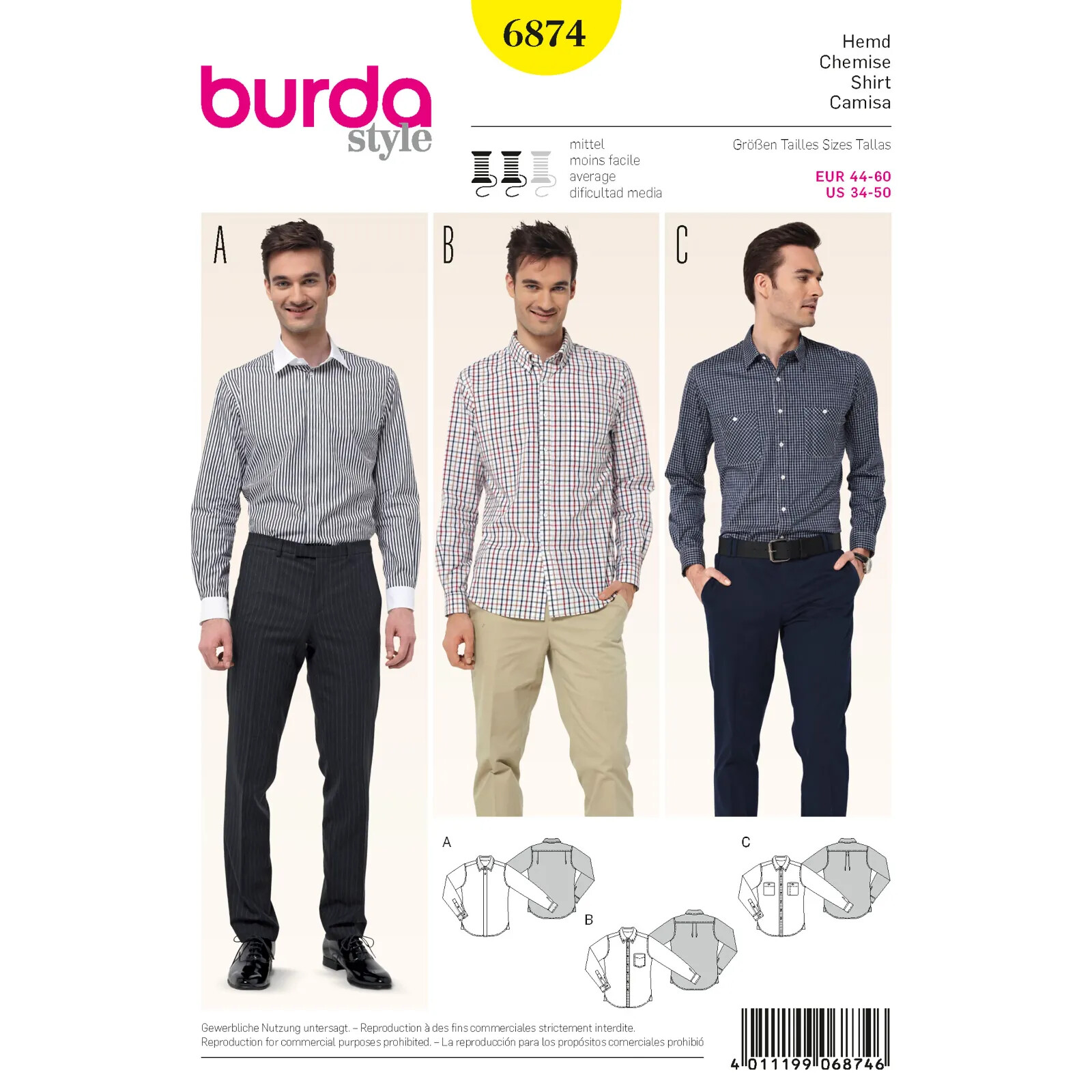 Burda SEWING PATTERN 6874 Mens Shirts Sizes 34-50 Free Tracked Postage