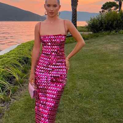 Ekart 2024 Women's Strap Dress Elegant Strap Sequins Sleeveless Solid Color Maxi