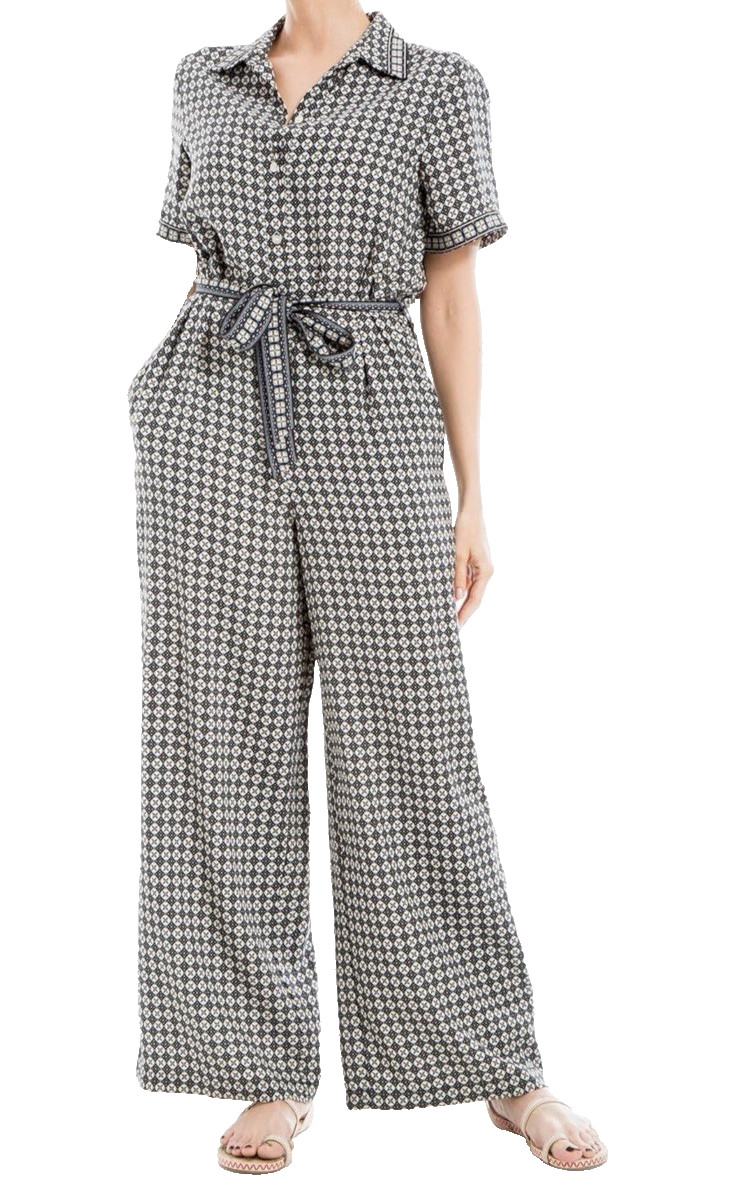 Max Studio Button Top Collar Jumpsuit Black Daisy Wide Leg Tie Womens XL Boho