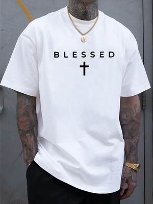 Men'S ''Blessed'' Cross Print T-Shirt - Casual Crew Neck, Short Sleeve, Lightweigh