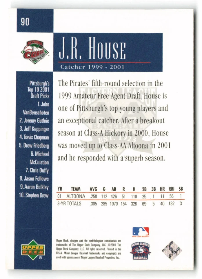 2001 Upper Deck Minors Centennial #90 J.R. House Altoona Curve - Image 2 of 2