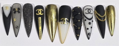Custom Fancy 10 Pcs Press On Nails Black Gold Matte Luxury Stiletto Medium + Kit