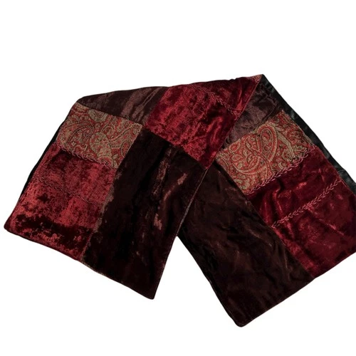 Danier Scarf Patchwork Velour Red & Burgundy Rectangle 11.5" x 62" Made in India