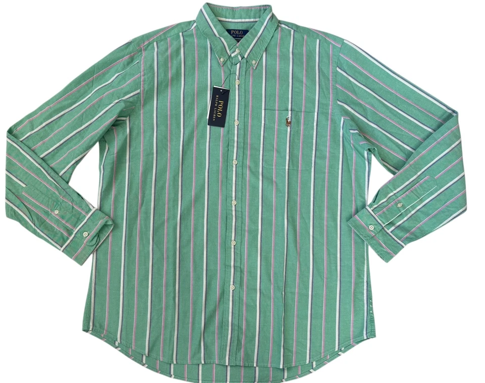 Nuevo Para hombres Ralph Lauren Polo Verde Rosa Rayas Bolsillo Pony Camisa Oxford XL Foto 2 de 4