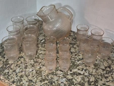 Pink Depression Glass Pitcher and Glasses Set