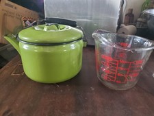 Vintage Avocado Green Enamelware Teapot Wire Bale Wood Handle Black Accents