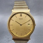 Seiko Watch Men 32mm Gold Dial Gold Tone Date Round 5Y39-8A09 New Battery