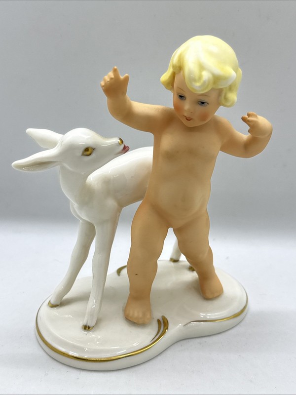 Vintage 50's Schaubach Kunst W.German Porcelain Figurine Putti with Deer