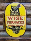 VINTAGE WISE FURNACE PORCELAIN SIGN OLD FLANGE OWL COAL HEATING OIL GAS FUEL 13"
