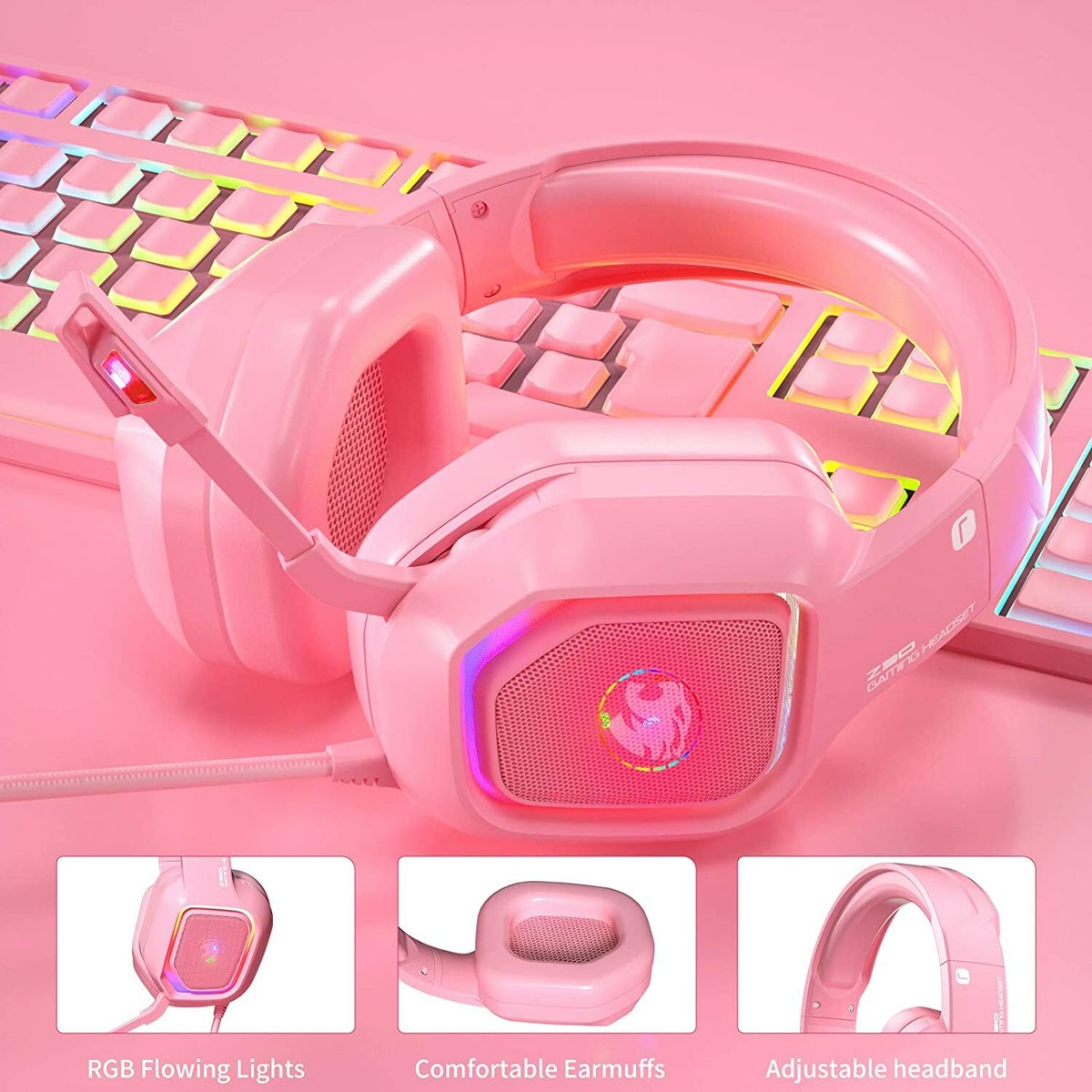 ZIUMIER Z30 Pink Gaming Headset Wired Over-Ear Headphone w