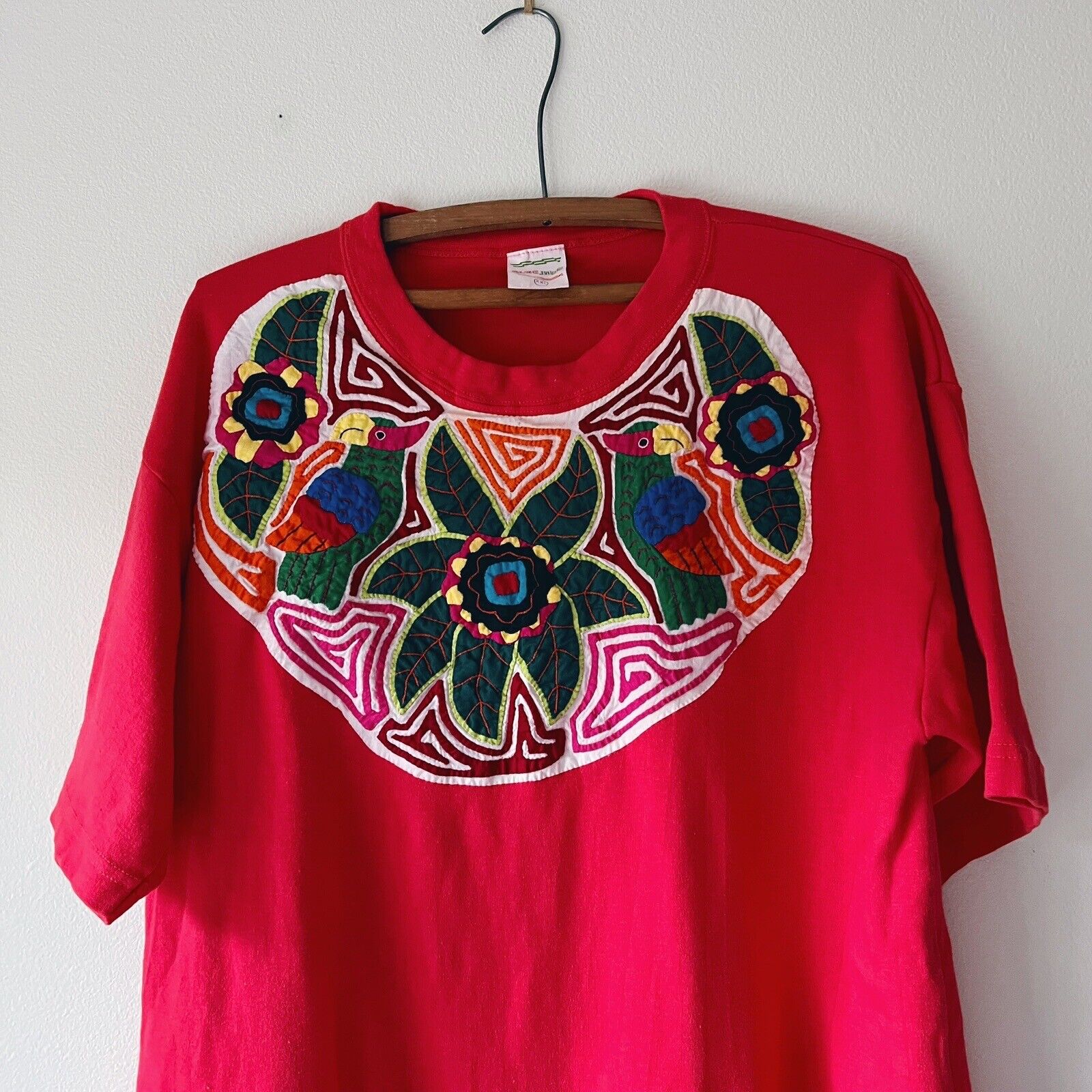 Vintage Mola Shirt Red Folk Art Handmade Panama F… - image 1