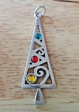Sterling Silver 37x12mm Christmas Tree w/ Green Red Yellow Color Crystals Charm