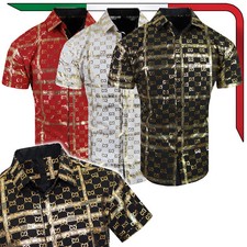 Designer Shirt Short Sleeve Mens Luxury Shiny Italian Stripe Logo Stretch Button