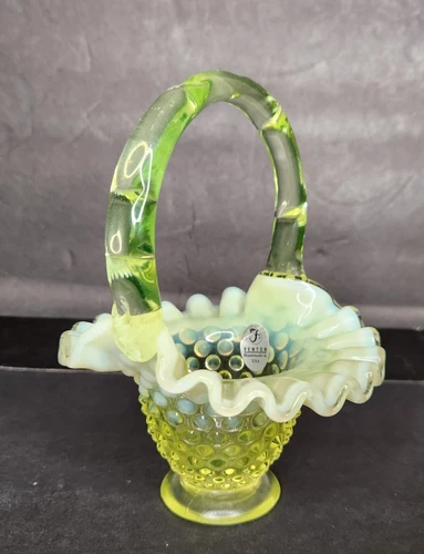 Vintage Fenton Yellow Vaseline Opalescent Hobnail Ruffled Basket 5 3/4" Tall