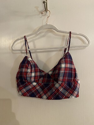 Casting LA Size L Red White Blue Plaid Zip Up  Crop Bralette Padded