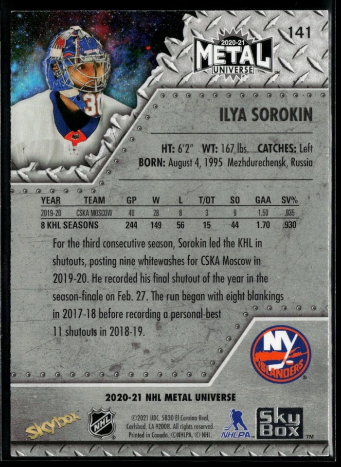 2020-21 Skybox Metal Universe Ilya Sorokin RC #141 - Image 2 of 2