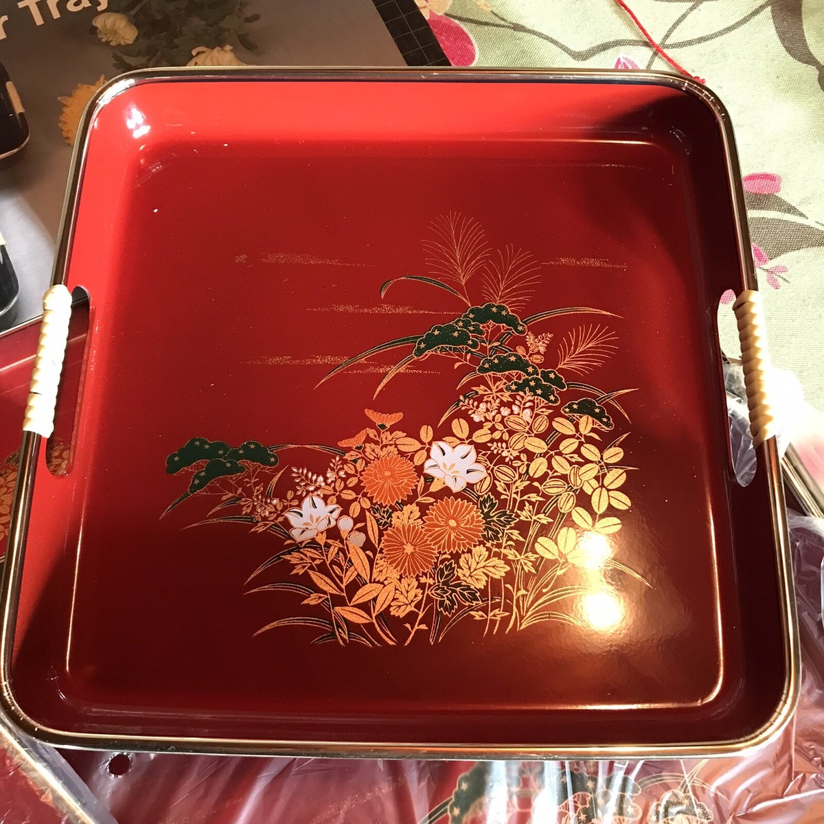 3 PC Vintage Toyo Japan Lacquerware Nesting Trays Red Floral New