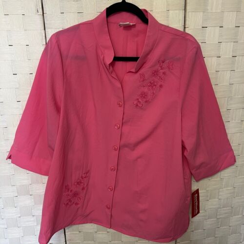 BonWorth Embroidered Button-Down Mandarin Collar 3/4 Sleeve Top Petite M - Picture 3 of 9