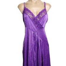 Vintage Undercover Wear Long Purple Nylon and Lace Night Gown Side Slit Size M