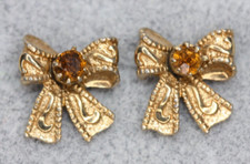 Signed Avon November Birthstone Bow Ribbon Pierced Earrings Topaz Rhinestones