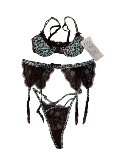 SHIRLEY OF HOLLYWOOD Leopard Print Lace Bra Garter & Thong 3 piece Set Size S