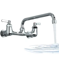Commercial Chrome Kitchen Sink Faucet Wall Mount 8" Swivel Spout 2 Lever Handles