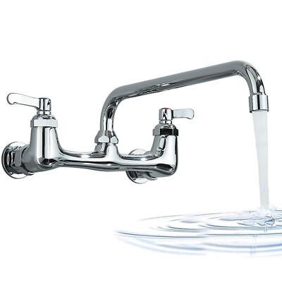 Commercial Wall Mount Kitchen Sink Faucet 8'' Swivel Spout 2 Lever Handles Chrome
