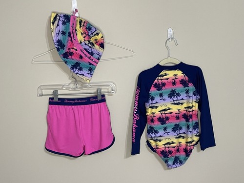 NWT Tommy Bahama SIZE 5 blue pink long sleeve swimsuit Shorts & Hat set girls - Picture 2 of 12