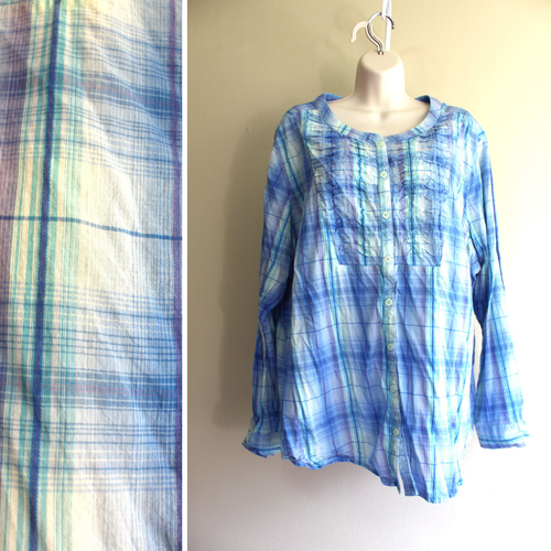 ERIKA Plaid Shirt Womens 3X Plus Blue Aqua Cotton Button Long Sleeve Pintucked - Picture 2 of 7
