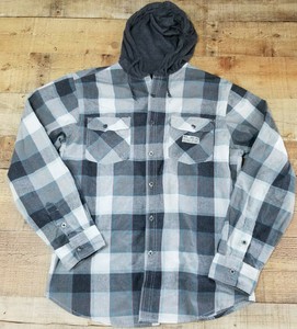 Black-Jack-Button-Down-Shirt-Mens-Plaid-Grey-Hooded-Cotton-Casual-Hoodie-Size-M